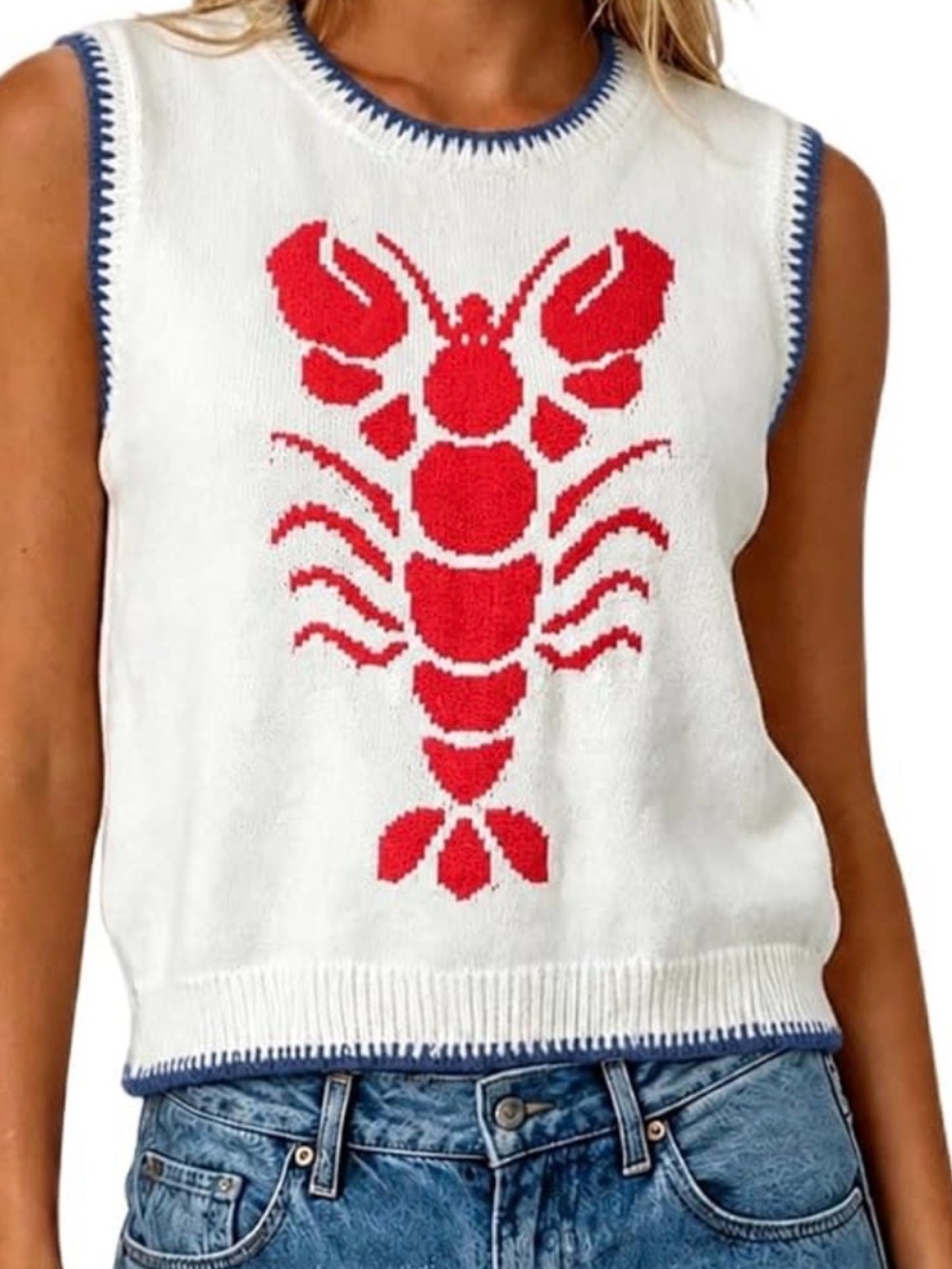 Anna & Ava White Knit Sleeveless Vest with Red Lobster and Blue Trim